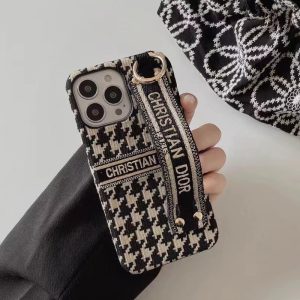 Christian Dior Bag Outlet For Sale Christian Dior iPhone Case with Wrist Strap Macro Houndstooth Embroidery Black