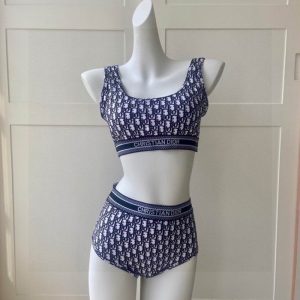 Christian Dior Bag Outlet For Sale Christian Dior Two-Piece Shoulder Straps Swimsuit Women Oblique Jacquard Lycra Blue