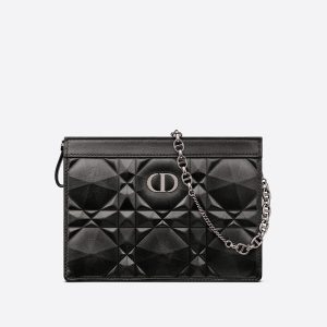 Dior Caro Zipped Pouch with Chain Cannage Calfskin with Diamond Motif Black