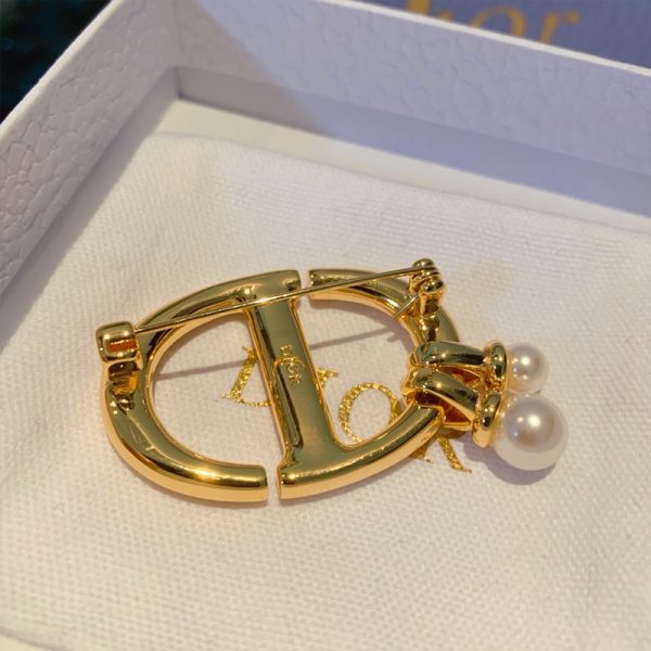 Dior CD Navy Brooch Metal and White Resin Pearls Gold - Image 2