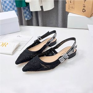 J'Adior Slingback Ballerina Flats Women D-Lace Macrame Motif Mesh Black